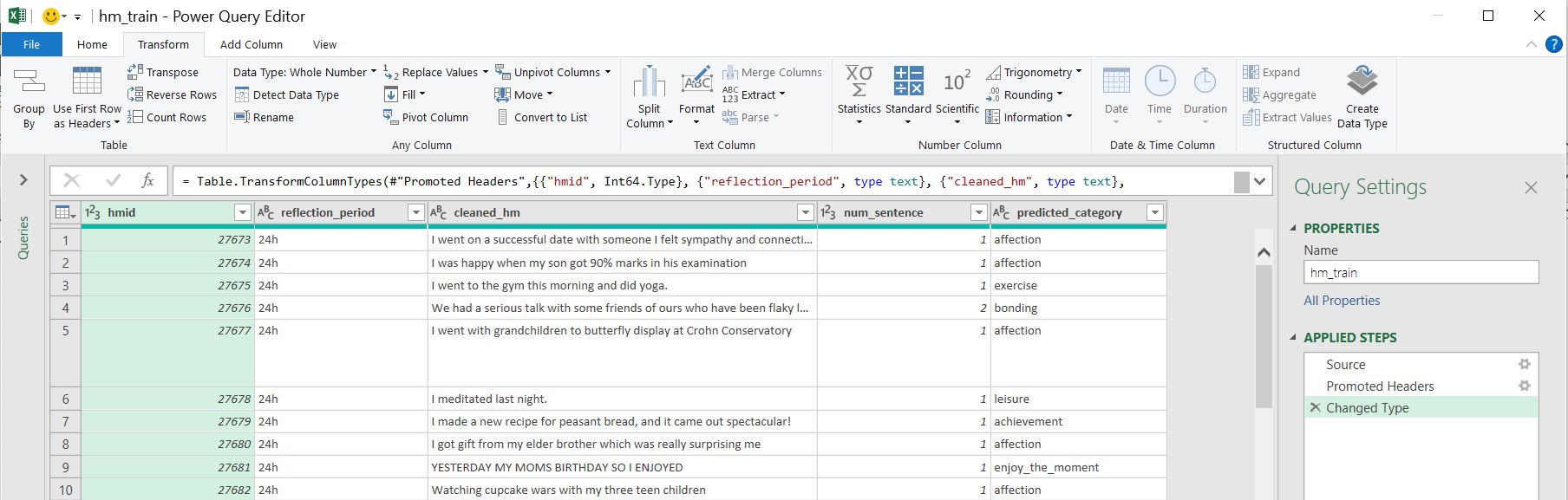 transform tab Power Query